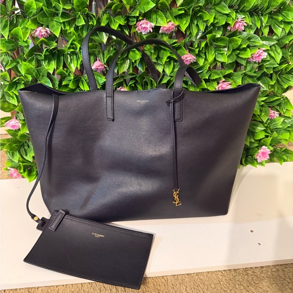 Saint Laurent Handbags - Saint Laurent Black Leather Tote Gold YSL Charm & Pouch Tote Bag